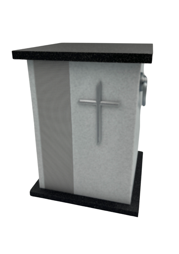 Christliche Bio-Urne Grau/Schwarz mit Kreuz